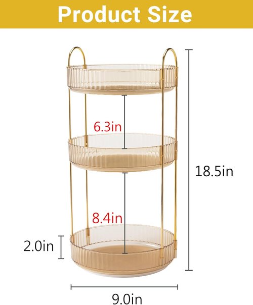 Asayuee 360° Rotating Makeup Organizer - Large Capacity 3-Tier Vanity Storage in Gold