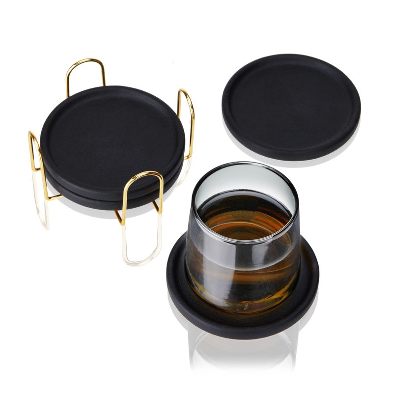 Viski Earthenware Coasters Set of 4 - Ceramic Drink Coasters - Outdoor Coasters for Drinks - Unique Coasters with Gold Stand Black