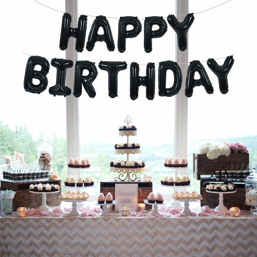TONIFUL Black Happy Birthday Balloons Banner - 16-Inch Mylar Foil Letters for 30th to 60th Celebrations