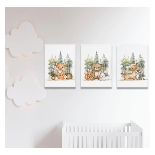 3 Pcs Nursery Woodland Animals Canvas Wall Art Fox Bear Deer Painting Picture Wall Decor Cute Wild Animals Poster Print Artwork For Baby Bedroom Kids Room Home Decoration 16inx24in Framed