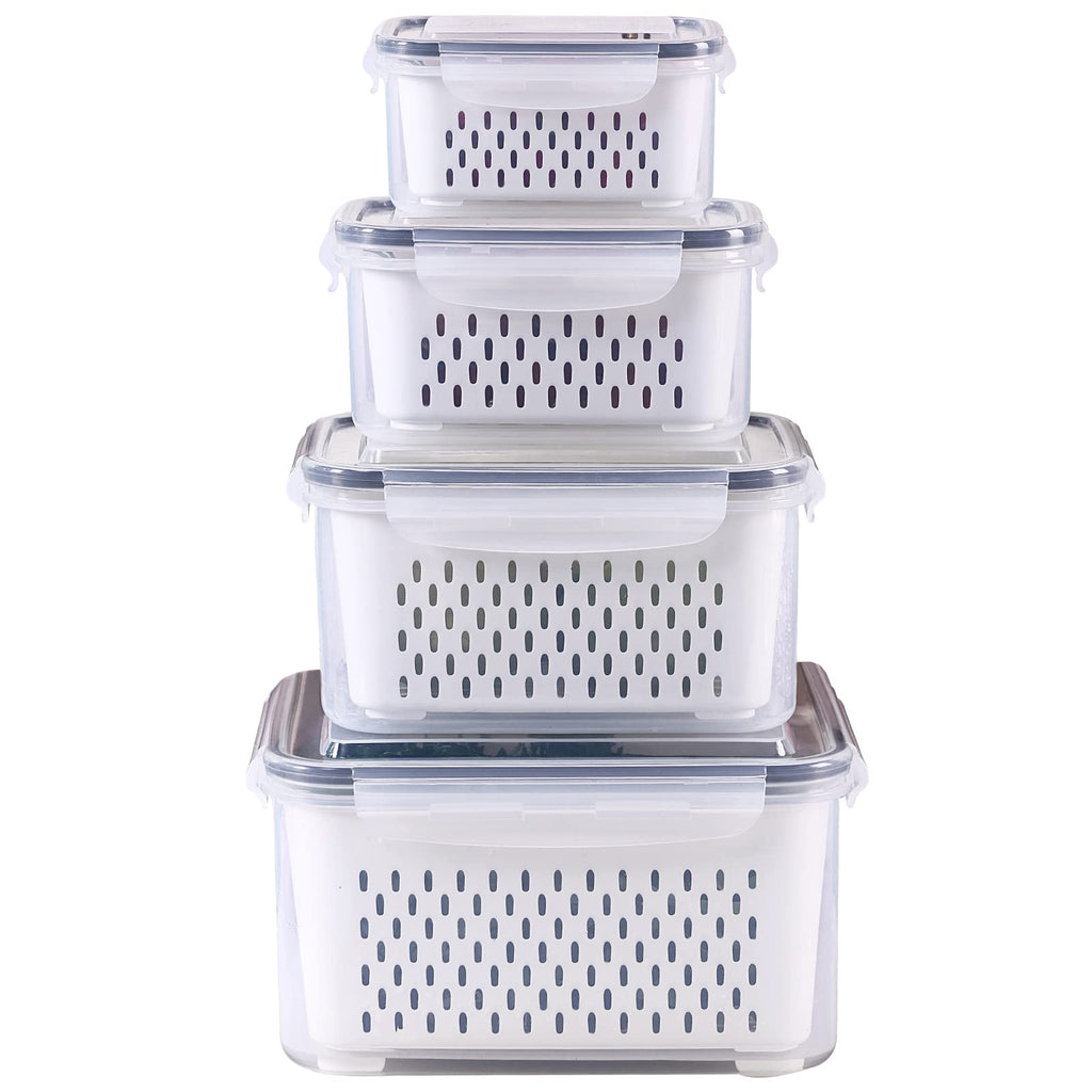 4 Pack Large Fridge Food Storage Container Set with Lids with Strainer, Fruit Vegetable Storage Containers Keep Fruits, Vegetables, Berry, Meat Fresh longer , BPA-Free Plastic Produce Keepers