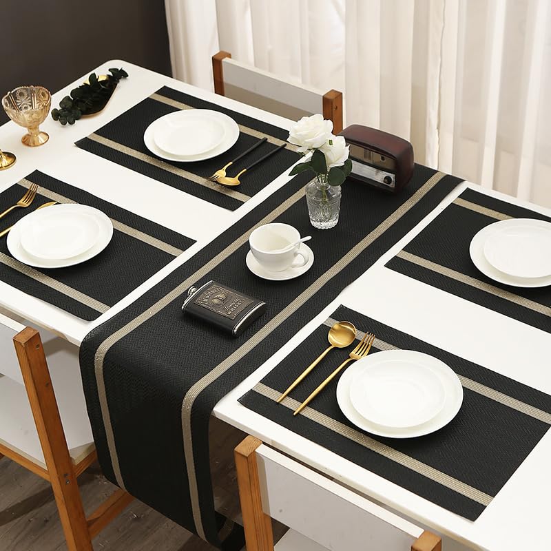 FAVE Woven Vinyl Table Runner 90x12 Inch Black with Gold Threads - Variation: 0-black / 12"x90"
