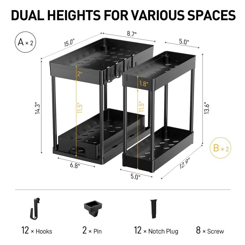 Delamu 3 Pack Under Sink Organizers and Storage, 2 Tier Black Bathroom Cabinet Organizer, Multi-Use Kitchen Bathroom Organizers and Storage, Under Counter Organizer with Hooks