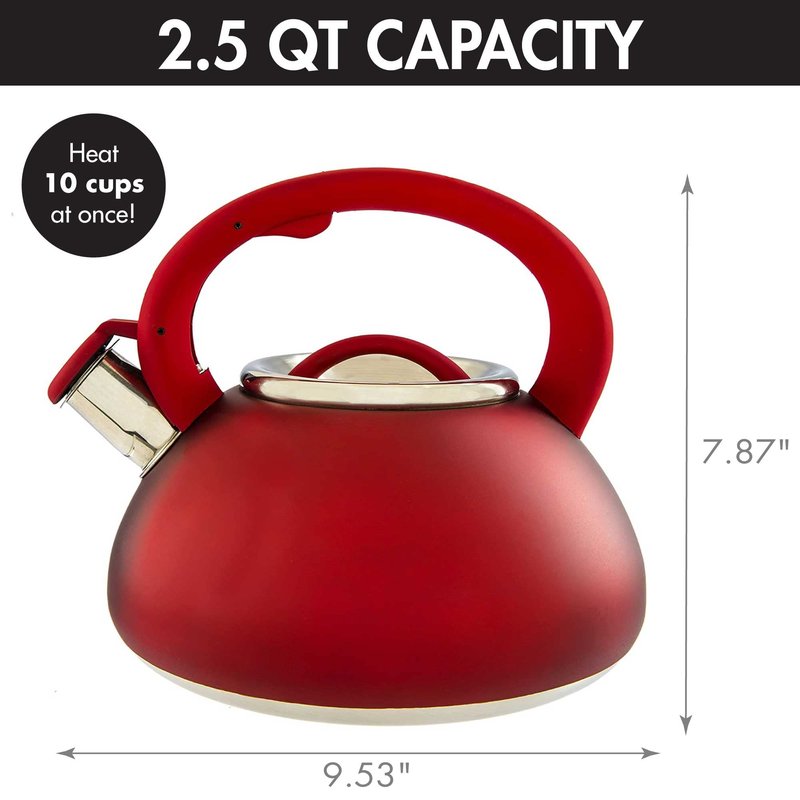 Primula Avalon Whistling Kettle - Whistling Spout, Locking Spout Cover, and Stay-Cool Handle - Stainless Steel - 2.5 Quarts - Matte Red (PAVRE-6225)