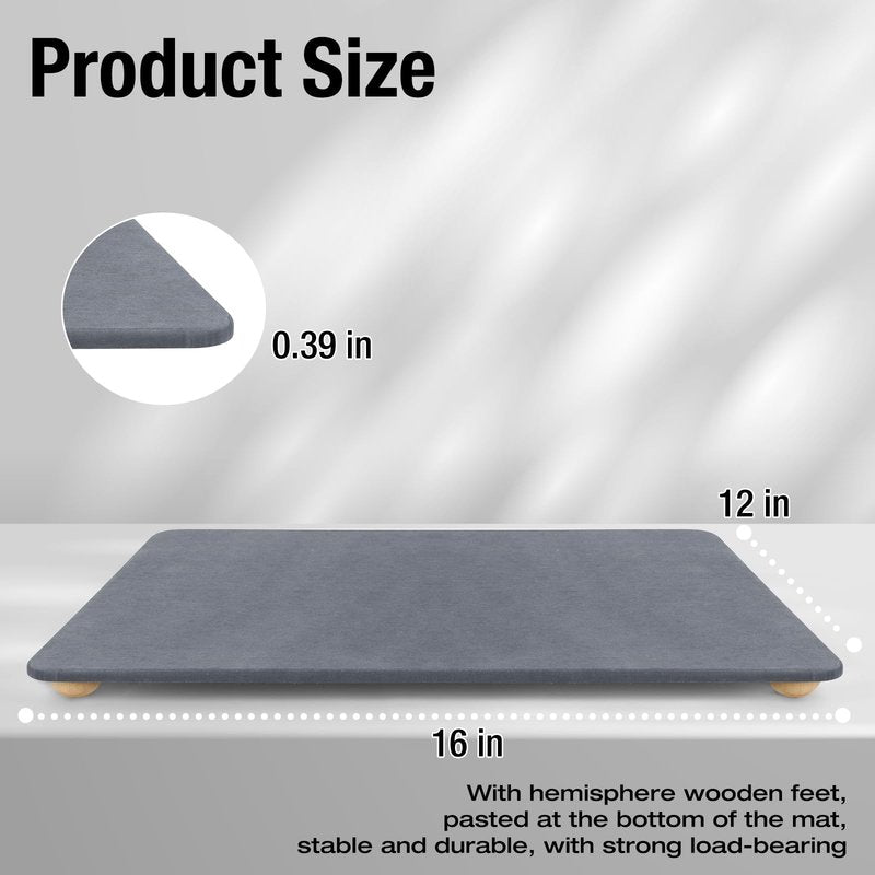 Stone Dish Drying Mat for Kitchen Counter, 16"×12" Quick Dry Super Absorbent Eco-Friendly Diatomaceous Earth Stone Mat with hemisphere wooden feet, Non-slip, Heat Resistant, Multi-purpose mats.