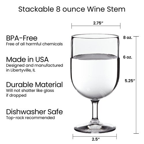 US Acrylic Stackable 8 ounce Plastic Wine Stems in Clear | Set of 8 Reusable, BPA-free, Made in the USA, Top-rack Dishwasher Safe
