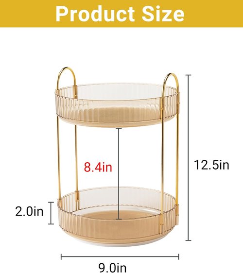 Asayuee 360° Rotating Gold Makeup Organizer - Large Capacity 2-Tier Skincare & Perfume Storage