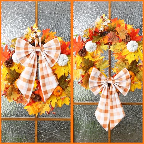 Orange Fall Plaid Wreath Bows 2-Pack - Large Burlap Front Door Decor