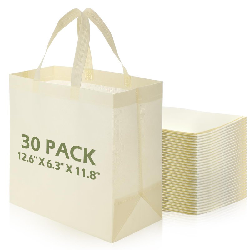 Vincreem 30 Pcs Reusable Tote Bag Bulk Non Woven Grocery Bag with Handle Blank Foldable Shopping for Groceries Shop Retail(Beige)