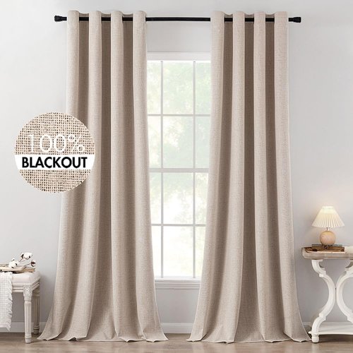 MIULEE 100% Blackout Linen Textured Curtains - Thermal Insulated Natural Beige | 52 x 120 Inch (2 Panels) for Luxury Bedroom & Living Room Decor