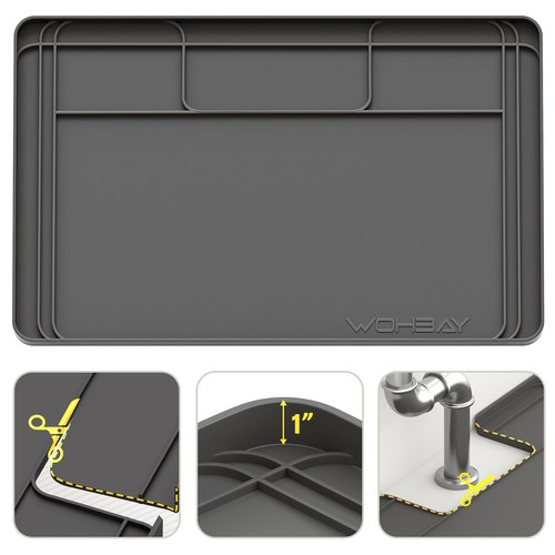 Under Sink Mats for Kitchen Waterproof, 34" X 22" Or Smaller Cut to Fit Under Sink Drip Tray for Kitchen Bathroom Cabinets, Silicone Liner Hold Up to 3.3 Gallons Liquid - Grey