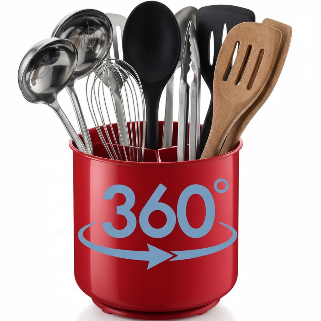 Extra Large Rotating Red Utensil Holder with Sturdy No-Tip Weighted Base, Removable Divider, and Gripped Insert | Rust Proof and Dishwasher Safe Kitchen Utensils Holder by Cooler Kitchen 7*7 Inches