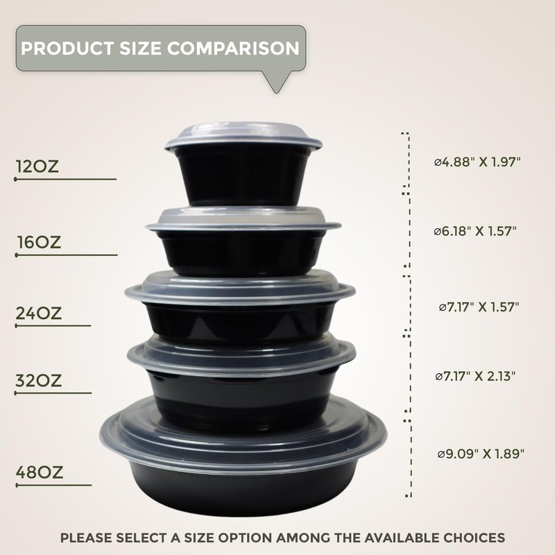 Klex 12 Oz, 50 Sets Meal Prep Containers with Airtight Lids, BPA Free, Reusable Plastic Food Container, 12 oz, Round, Black/Clear, 50 Sets