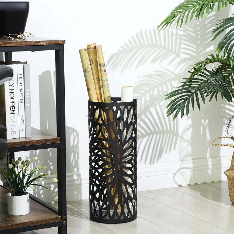Metal Umbrella Stand for Entryway with Drip Tray and Hooks, Matte Black