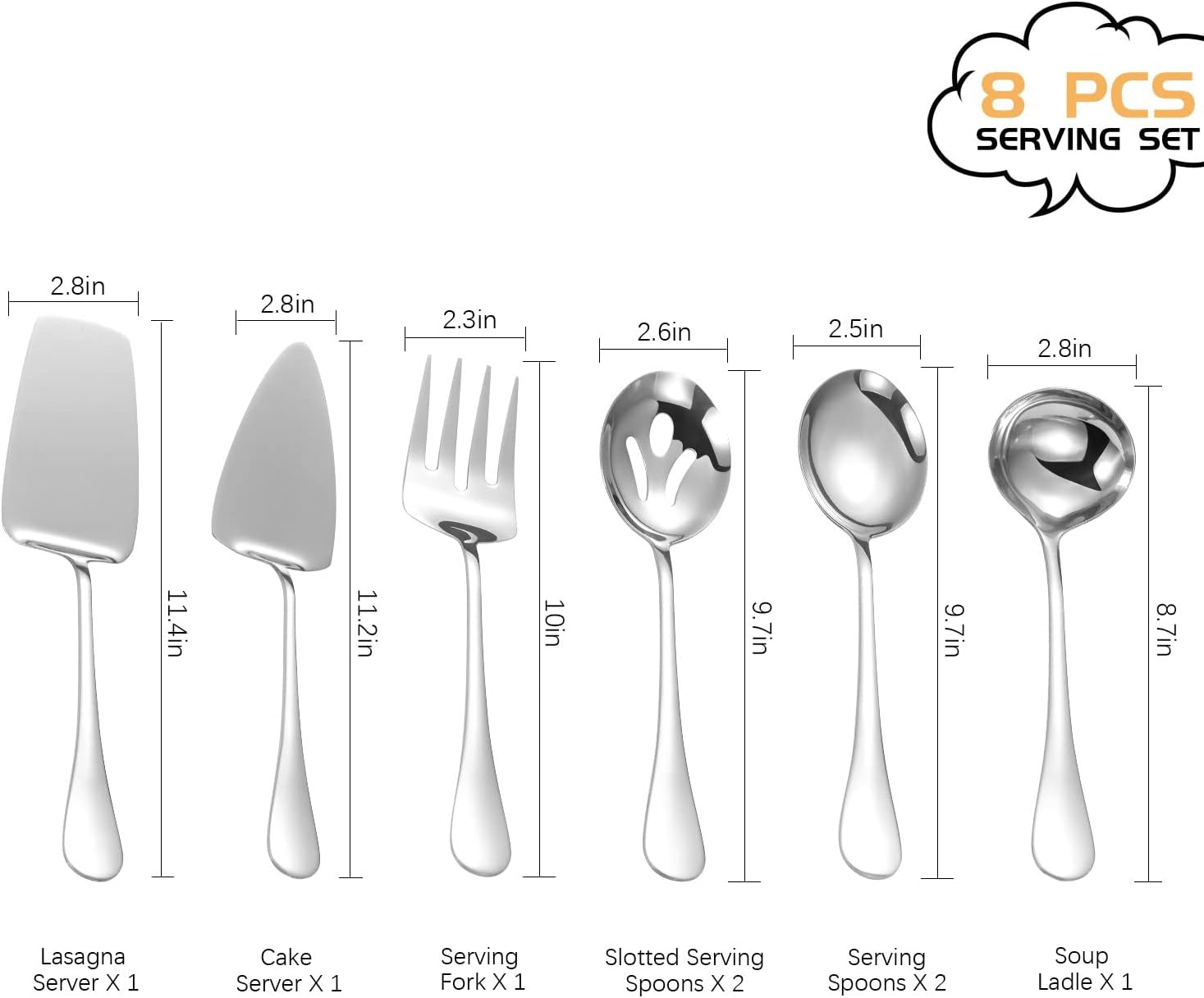 Polished Stainless Steel Serving Utensils Set - 8-Piece Serving Spoons, Forks & Ladles for Parties | Dishwasher Safe