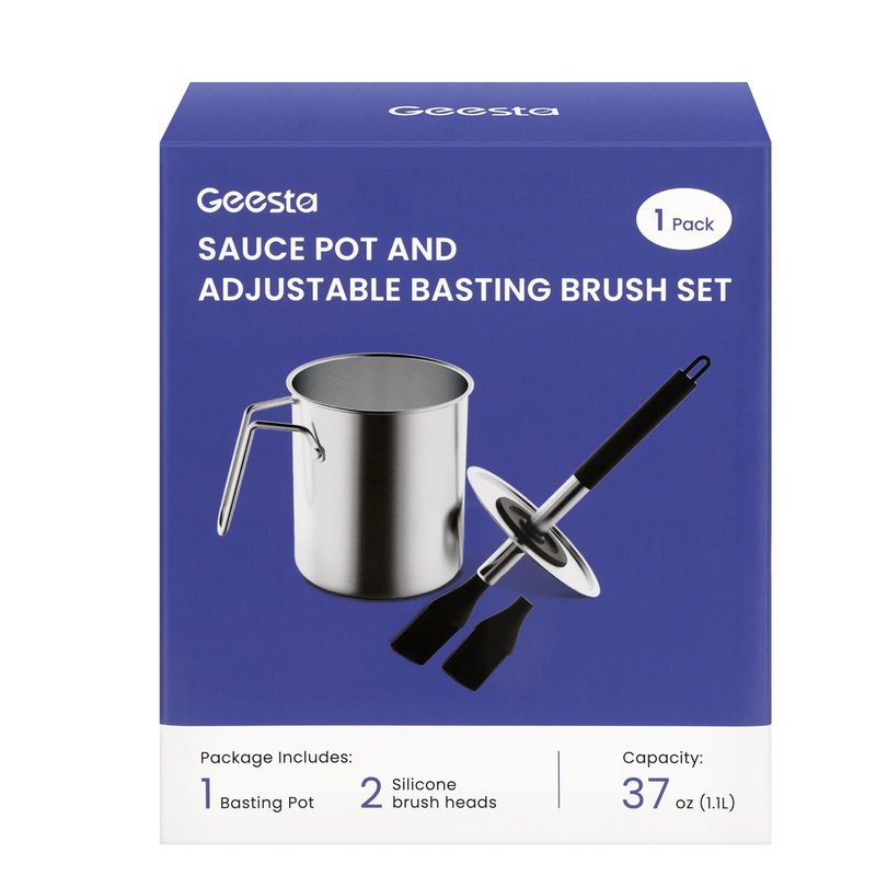 Geesta Adjustable Sauce Pot and Basting Brush Set, Long Stainless Steel Basting Brush for Cooking, Smoking, Fathers Day Grilling Gifts for Men Smoker Accessories, Large Capacity Grilling Tools, 1 Pack
