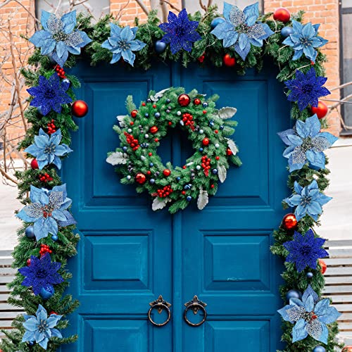 Blue Christmas Poinsettia Flowers & Ribbon Set - Holiday Decor, 24 pcs