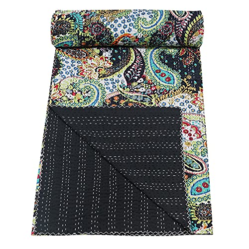 Reversible Kantha Quilt - Handmade Cotton Blanket, 90x108