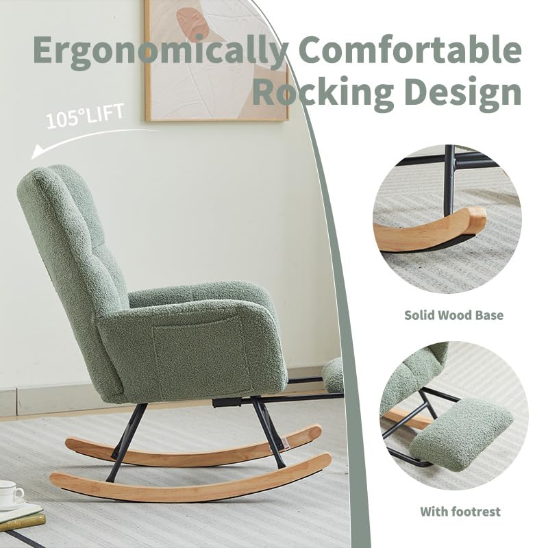HEAHOLD Green Teddy Fabric Rocking Chair with Anti-Slip Base, 35.4" Plush Glider for Nursery & Living Room