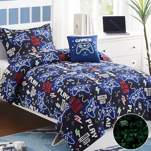 Glow in the Dark Gamer Twin Comforter Set - 3-Piece Kids Bedding Set