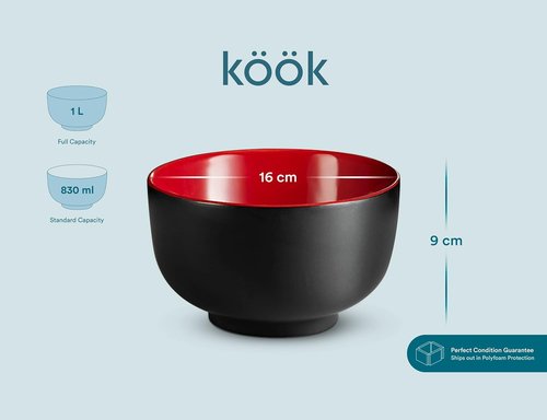 KooK Ramen Bowl - Large Ceramic Noodle Bowls | Microwave & Dishwasher Safe, 34 oz, Set of 4 (Black/Red)