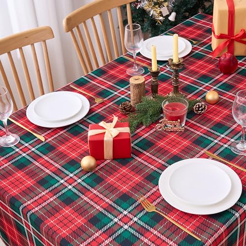 VEDACHIC Christmas 52x70 Inch Tablecloth Rectangular Red Green Plaid Polyester Waterproof