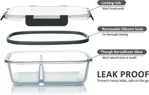 MCIRCO Glass Meal Prep Containers - 5-Pack 36 Oz with 2 Compartments & Snap Locking Lids | Microwave, Oven, Freezer Safe