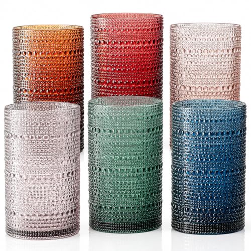 Khen Multicolor 6-Pack 14oz Shatterproof Acrylic Highball Glasses Set with Hobnail Beaded Design