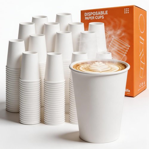 MOUMOULIFE Disposable Paper Coffee Cups 8 oz 500 Count Bulk, Leak-Proof White Paper Cups for Hot & Cold Beverages, Ideal for Office, Travel