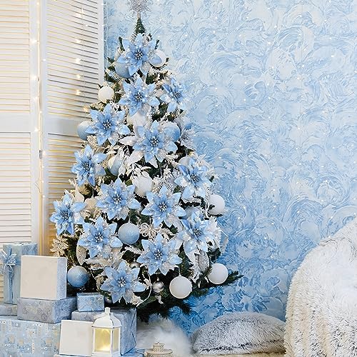 Geosar 36 Pieces Light Blue and Silver Artificial Poinsettia Christmas Flowers