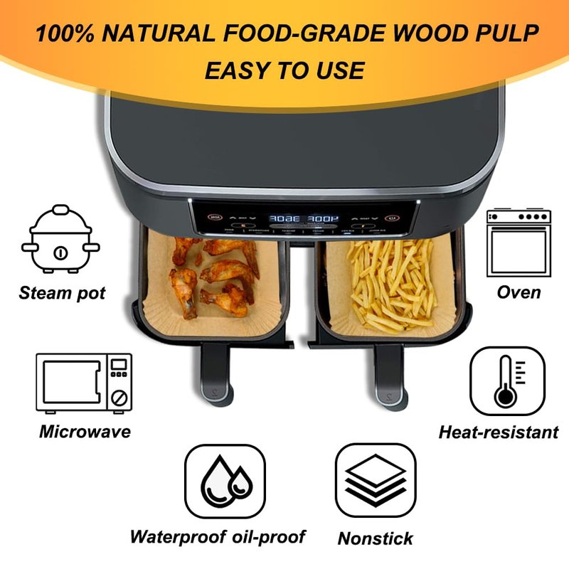 BYKITCHEN Air Fryer Liners for Ninja Dual Air Fryer, Set of 120, Rectangle Disposable Air Fryer Liners Compatible with Ninja DZ201/DZ401/DZ550/SL401, Instant Vortex and Other DualZone Airfryer