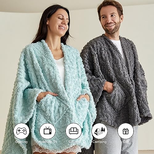 Wearable Fleece Blanket with Pockets, Mint Green 58" x 64" Sherpa Throw