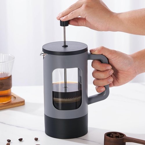 YOLIFE French Press Coffee Maker, 34 oz / 4 Cup Coffee Tea Press with Heat-resistant Borosilicate Glass, 4-Level Filtration Systems, Cold Brew Coffee Maker for Camping Travel Gifts, Grey and Black