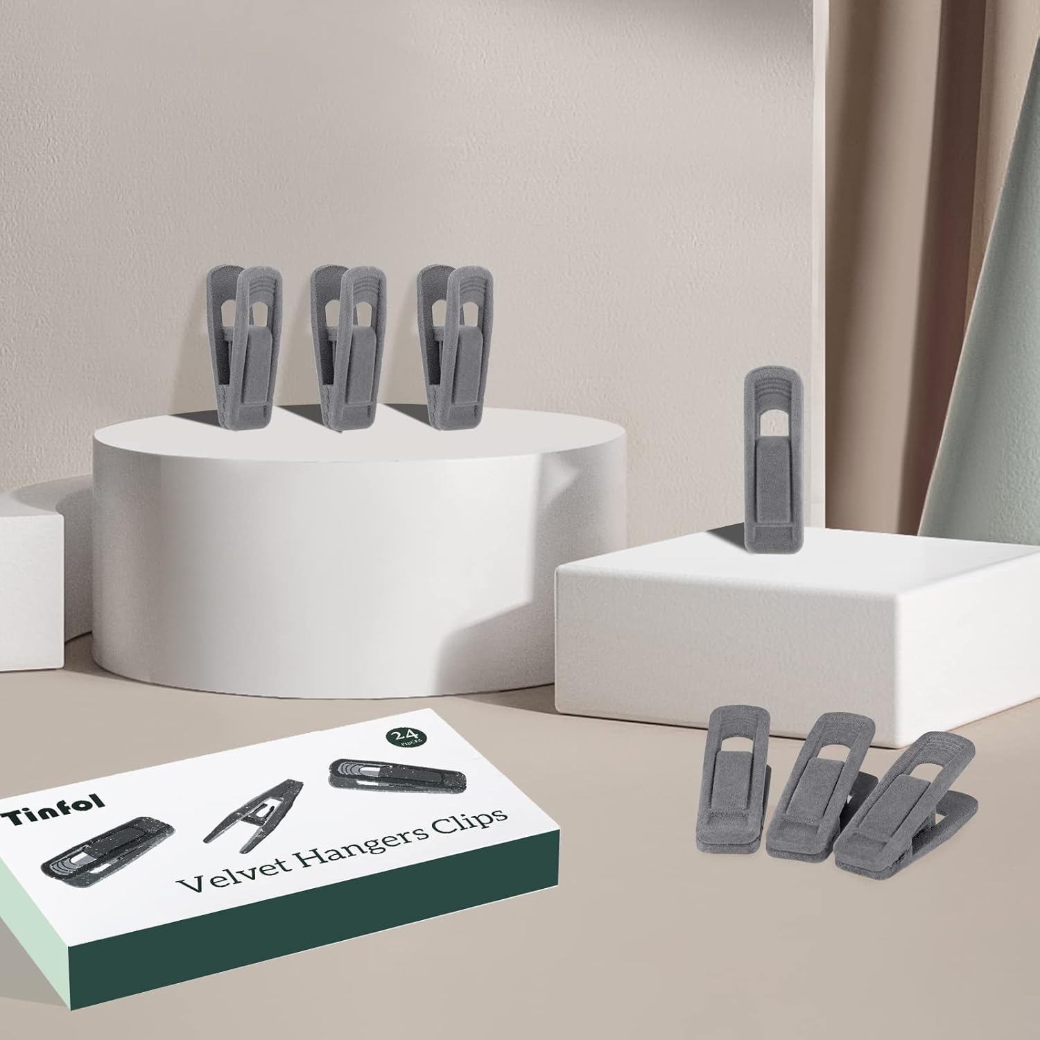 Tinfol Gray Velvet Hanger Clips - Non-Slip Flocked Clips for Pants & Skirts | 24 Pack with Strong Grip