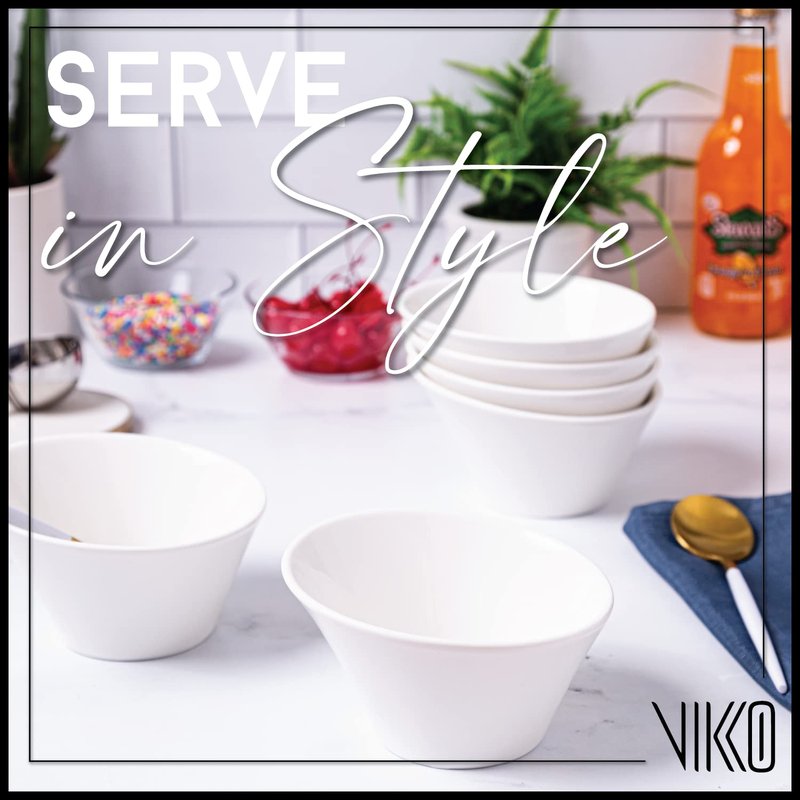 Vikko White Soup Bowls, Set of 4 Ceramic White Bowls, 10 Ounce Versatile Salad, Soup Bowl or Dessert Bowl, Elegant Shape, Dishwasher Safe