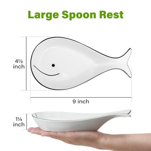 LotFancy Spoon Rest, Large Ceramic Spoon Holder for Kitchen Counter, 9x4.5 Inch, Spatula Holder for Stove Top, Farmhouse Utensil Rest for Spoons, Ladle, Spatula (Whale Shape)
