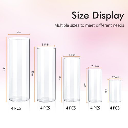 Fgail 20 Pack Clear Glass Vases for Centerpieces, Cylinder Vase Set, 4,6,8,10,12 Inch Tall Flower Vase for Home Decor, Flower Vase for Table Decorative & Hurricane Floating Candle Holders