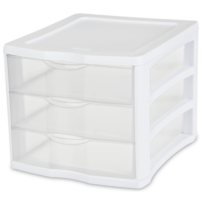 Sterilite 4-Pack 3 Drawer Unit, Stackable Plastic Organizer with Drawers, White Frame - Multi-Purpose Countertop Storage Containers for Office Supplies, Craft Rooms, Classrooms and Home Organization