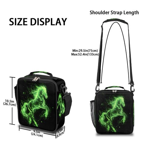 Pardick Lunch Box for Kids Boys Girls Green Fire Horse Kids Lunch Bag Insulated Lunch Bag Tote with Adjustable Shoulder Strap Teens Lunchbox Cooler School Picnic