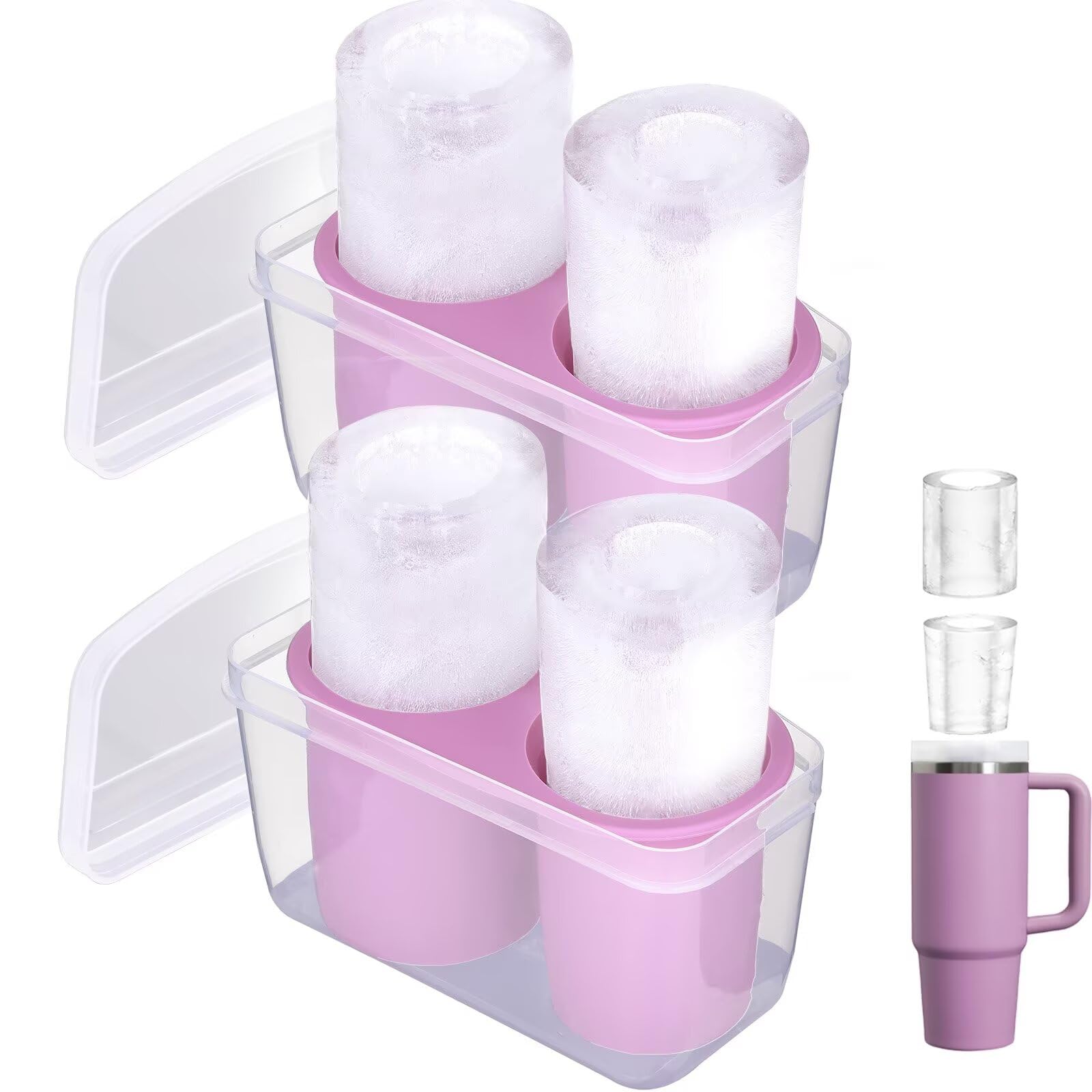 2 Packs Ice Mold for Stanley Cup, Silicone Ice Cube Tray for Stanley Cup 30oz-40oz, Tumbler Ice Mold with Lid and Bin, Easy Release Cylinder Ice Cube Mold, Lilac