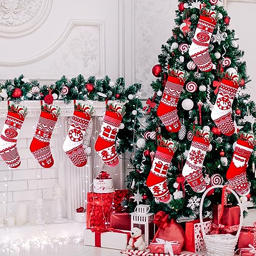 Liitrsh 12 Pcs Christmas Stockings 8" Knitted Red Decor Set