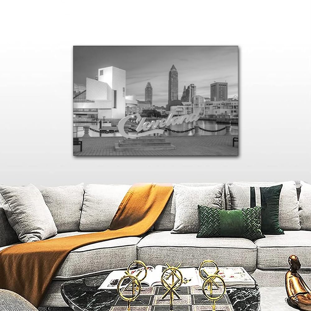 Black and White Paintings Downtown Cleveland Pictures Cityscape Wall Art for Living Room Cleveland, OH Artwork 1 Piece Prints on Canvas House Modern Decor Giclee Framed Ready to Hang, 24"Wx36"H