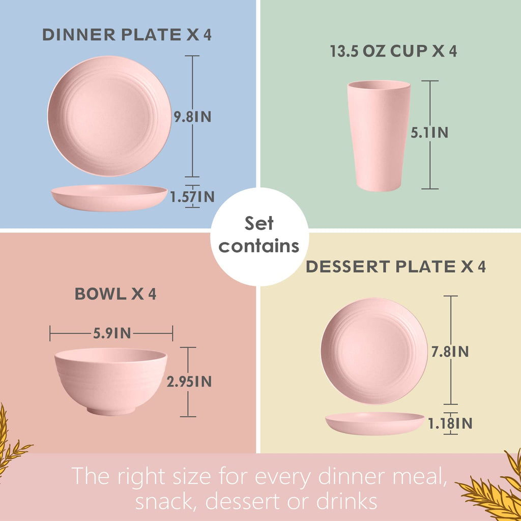 Teivio 16-Piece Kitchen Plastic Wheat Straw Dinnerware Set, Service for 4, Dinner Plates, Dessert Plate, Cereal Bowls, Cups, Unbreakable Plastic Outdoor Camping Dishes,Pink