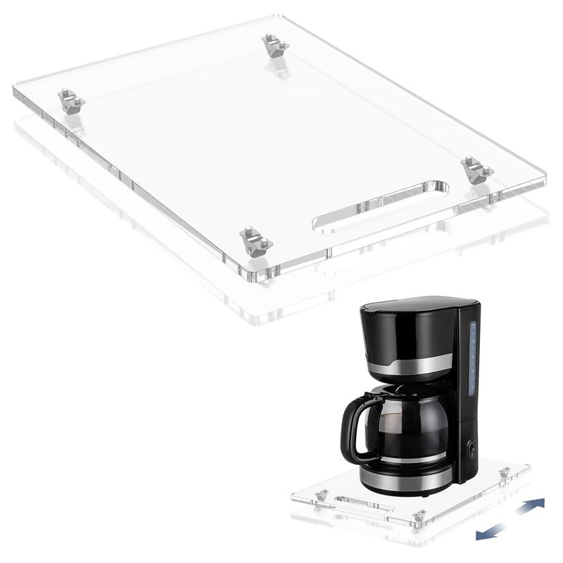 PUDASTO Sliding Tray for Coffee Maker, 9.8" x 14" Acrylic Appliance Sliders with Rubber Wheels, Coffee Pot Slider Tray for Countertop Moving, Stand Mixer, Toaster & Heavy Kitchen Appliances (Clear)