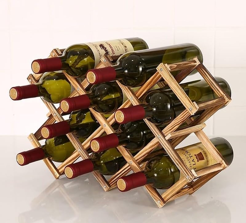 Foldable Wooden Wine Rack - 10-Bottle Expandable Countertop Holder