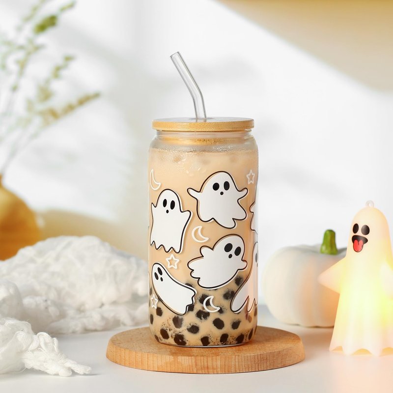 Halloween Pumpkin Ghost Glass Cup with Lids and Straws, 16 oz Glass Tumbler, Spooky Iced Coffee Mug for Smoothie, Cute Halloween Gifts for Women, Girls - Boo Basket Stuffers, Spooky Gifts for Teens