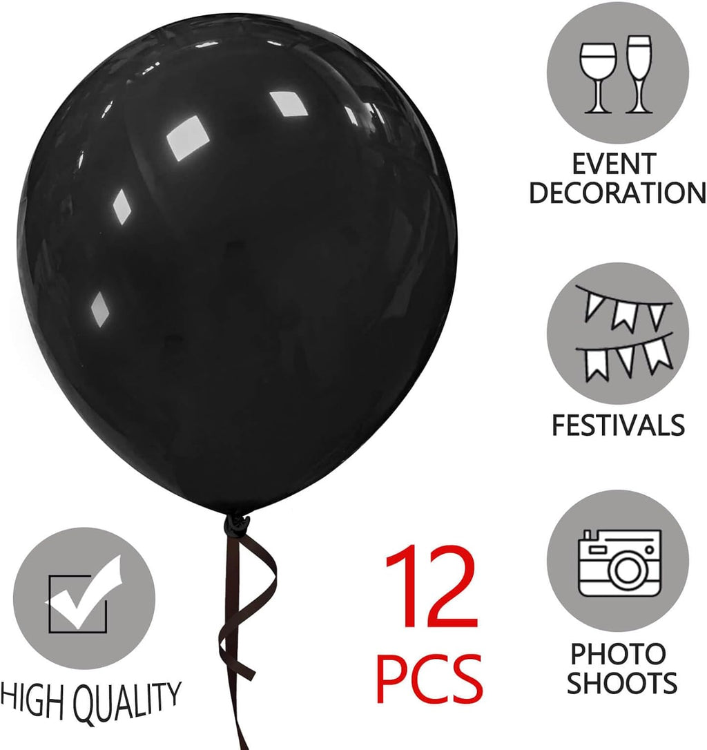 Skiennix 18-Inch Black Balloons - Large Round Latex Helium Balloons for Halloween & Birthday Parties | 12 Pack