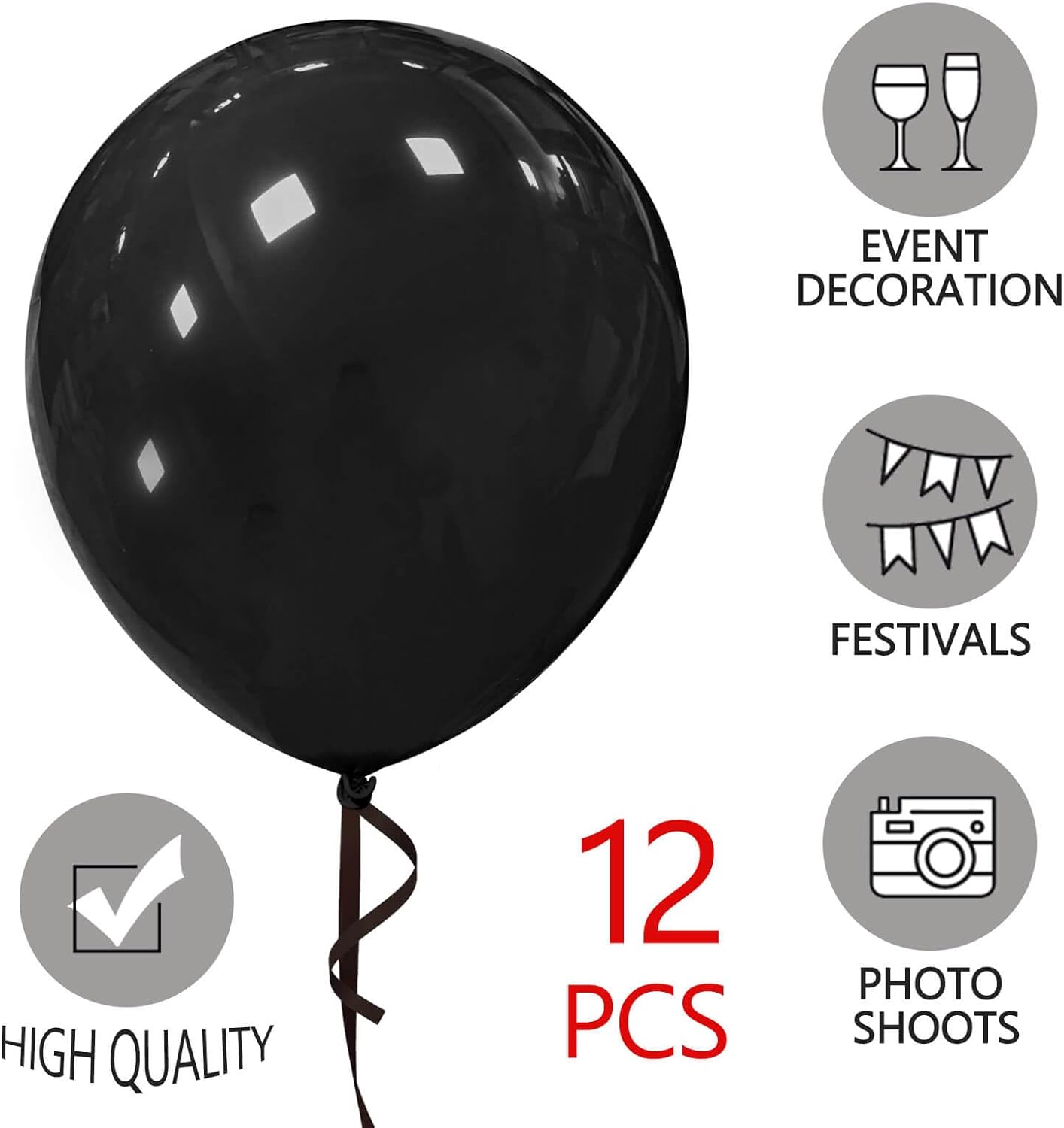 Skiennix 18-Inch Black Balloons - Large Round Latex Helium Balloons for Halloween & Birthday Parties | 12 Pack