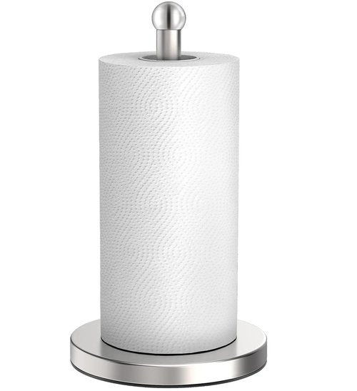 DAWNER Paper Towel Holder for Countertop, Easy One-Handed Tear, Stainless Steel, Weighted Base with Suction Cups, Non-Slip Paper Towel Stand for Kitchen, Bathroom, Brushed Nickel