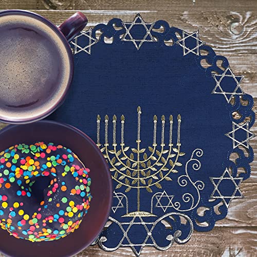 OWENIE Blue Round Hanukkah Placemats Set of 4, 15" Embroidered Menorah Holiday Table Decor